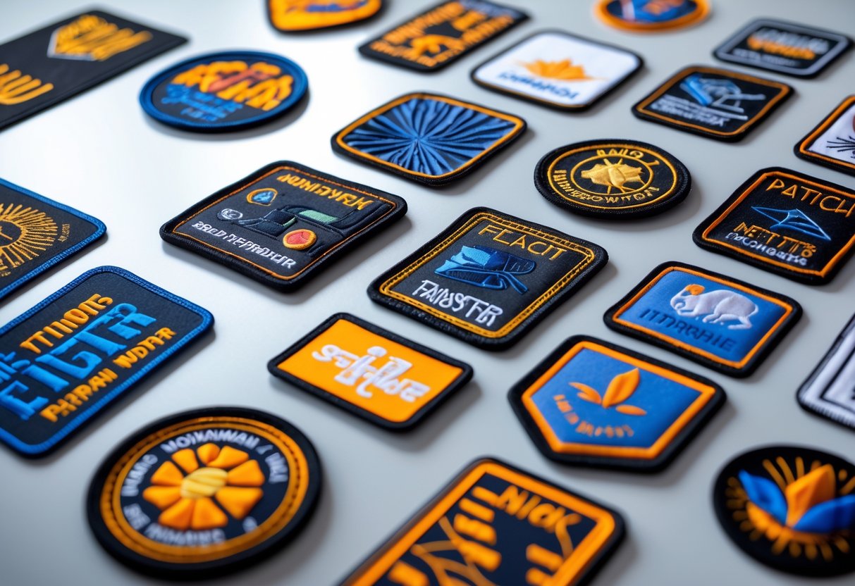A variety of heat transfer patches displayed on a neutral background showing different shapes, colors, and textures.