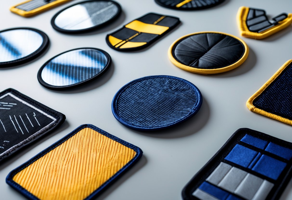 A collection of different reflective patches arranged on a neutral background, showing various shapes and reflective surfaces.