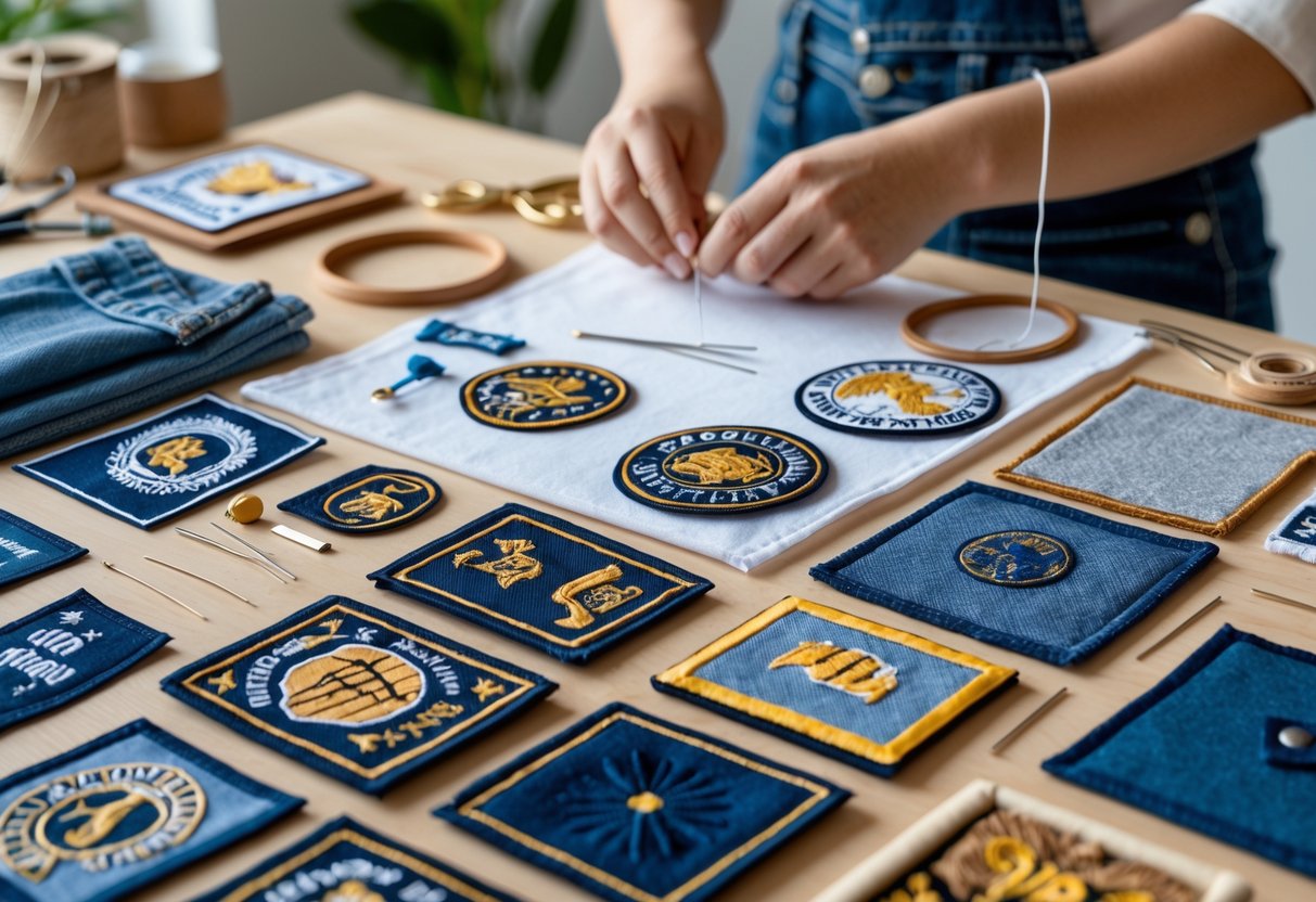A workspace with various fabric patches, sewing tools, and hands stitching a patch onto clothing.