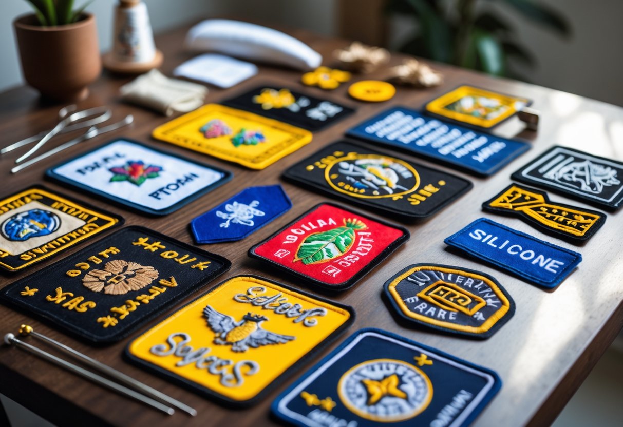 Various types of patches arranged on a wooden table with sewing tools nearby.