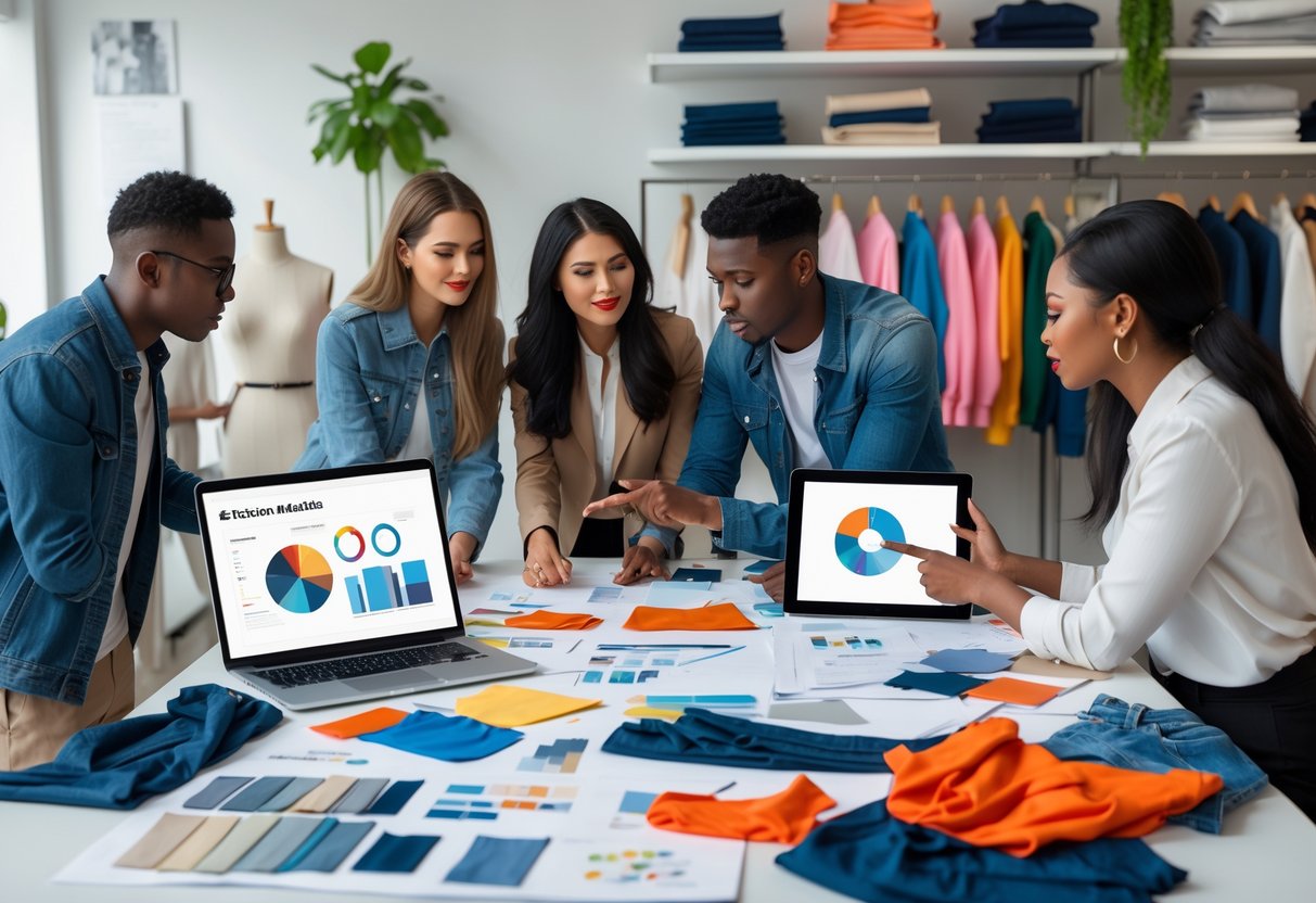A group of young people working together around a table with clothing samples, sketches, and laptops in a bright workspace.