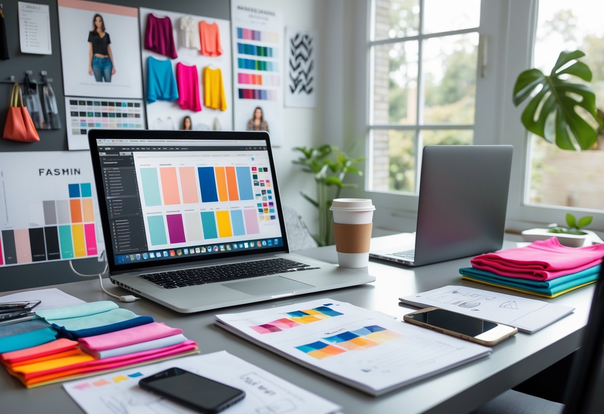 A workspace with a laptop, fabric swatches, clothing sketches, a notebook, and a mood board on the wall, showing the process of planning a clothing line.