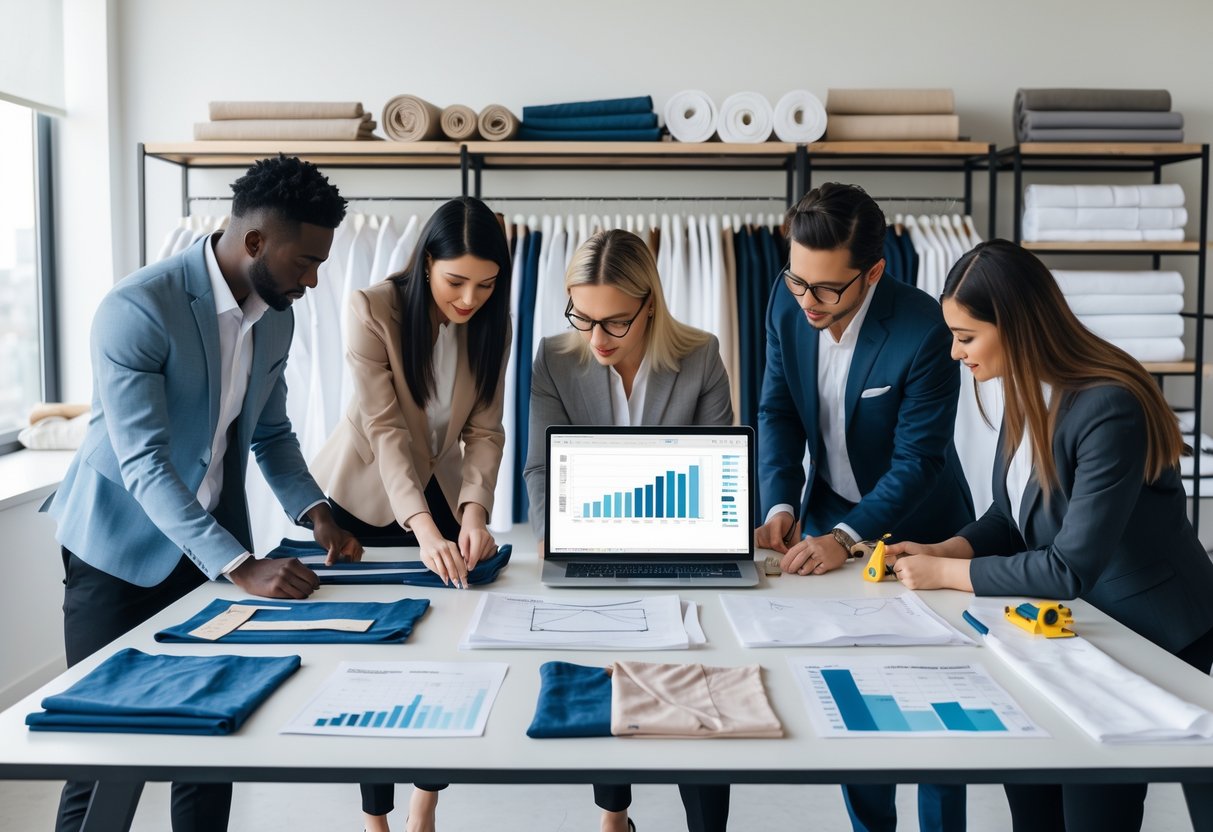 A team of people working together around a table with fabric samples, clothing sketches, and laptops in a bright workspace focused on designing and producing clothing.