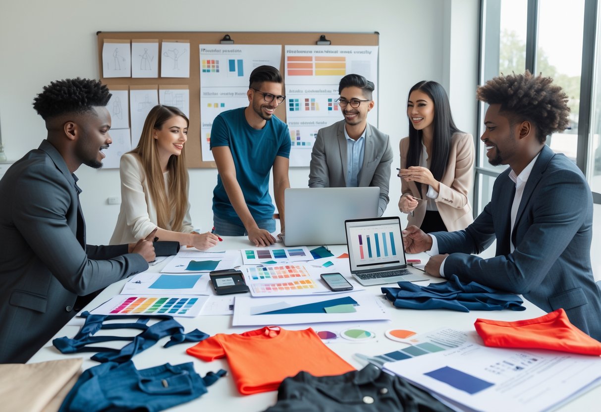 A group of people working together around a table with clothing samples, sketches, and a laptop in a bright office.
