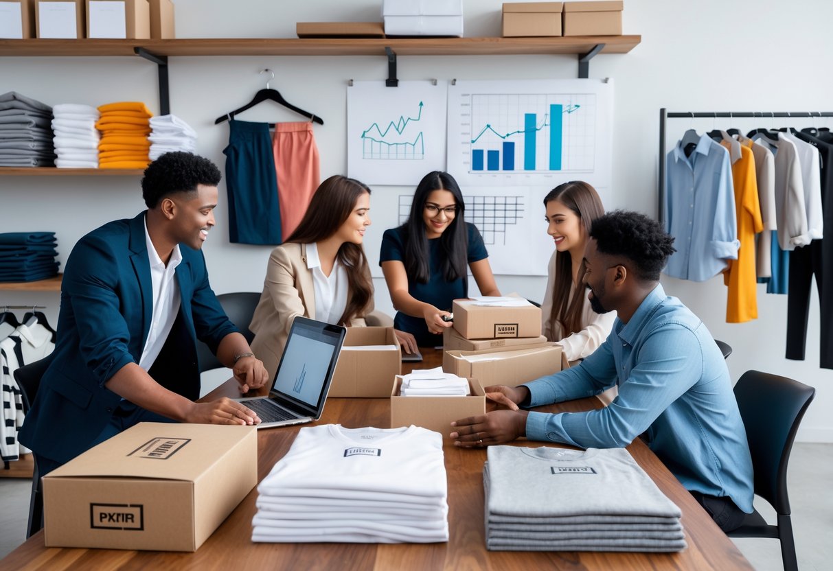 A group of people working together around a table with laptops, clothing samples, and shipping boxes in a bright office space.