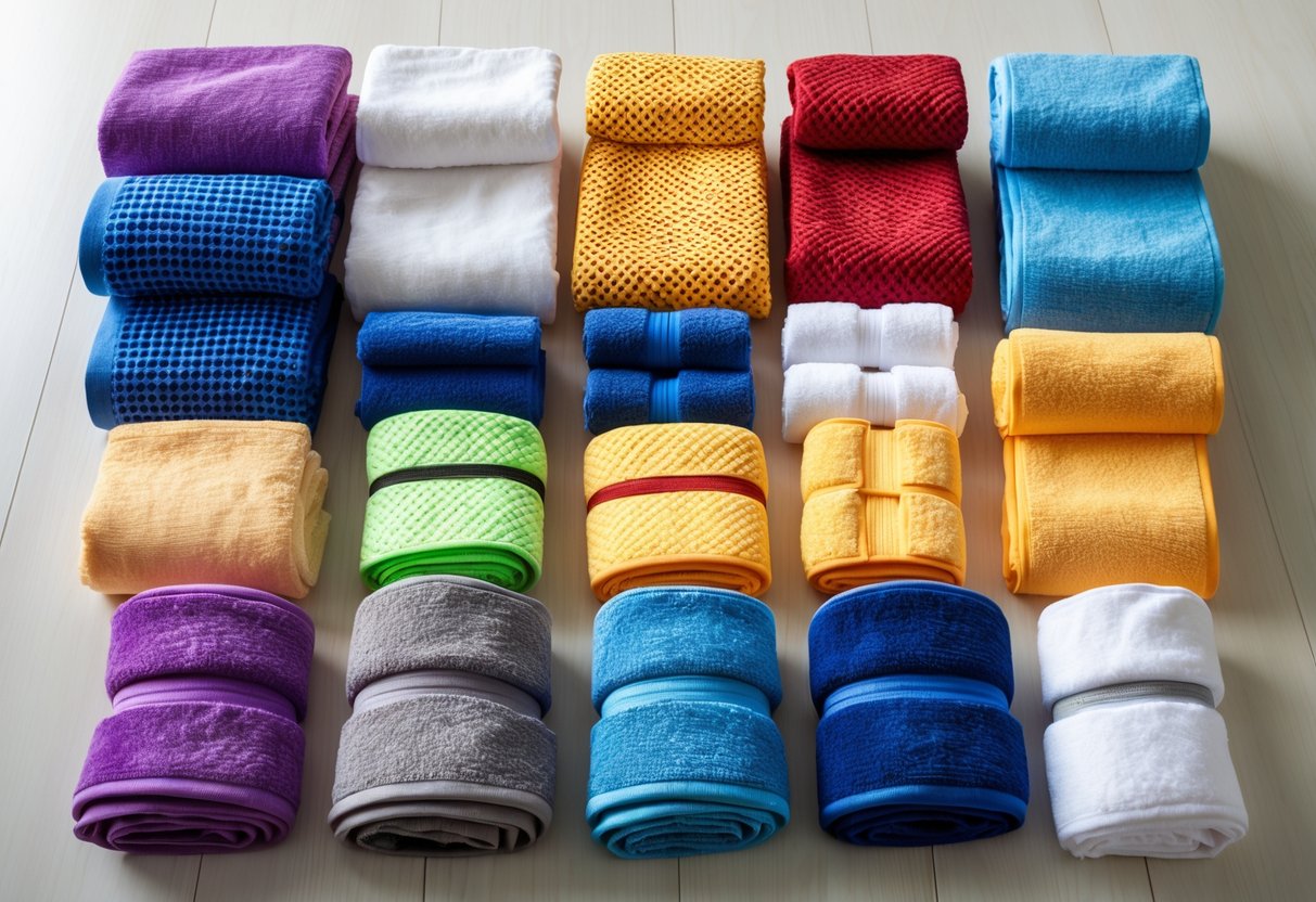 Eleven different types of gym towels arranged neatly on a wooden surface, showing various sizes, colors, and textures.