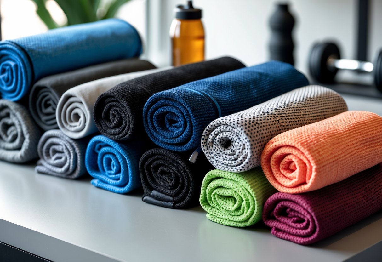 Eleven different microfiber gym towels in various colors and sizes arranged on a light surface with gym equipment blurred in the background.