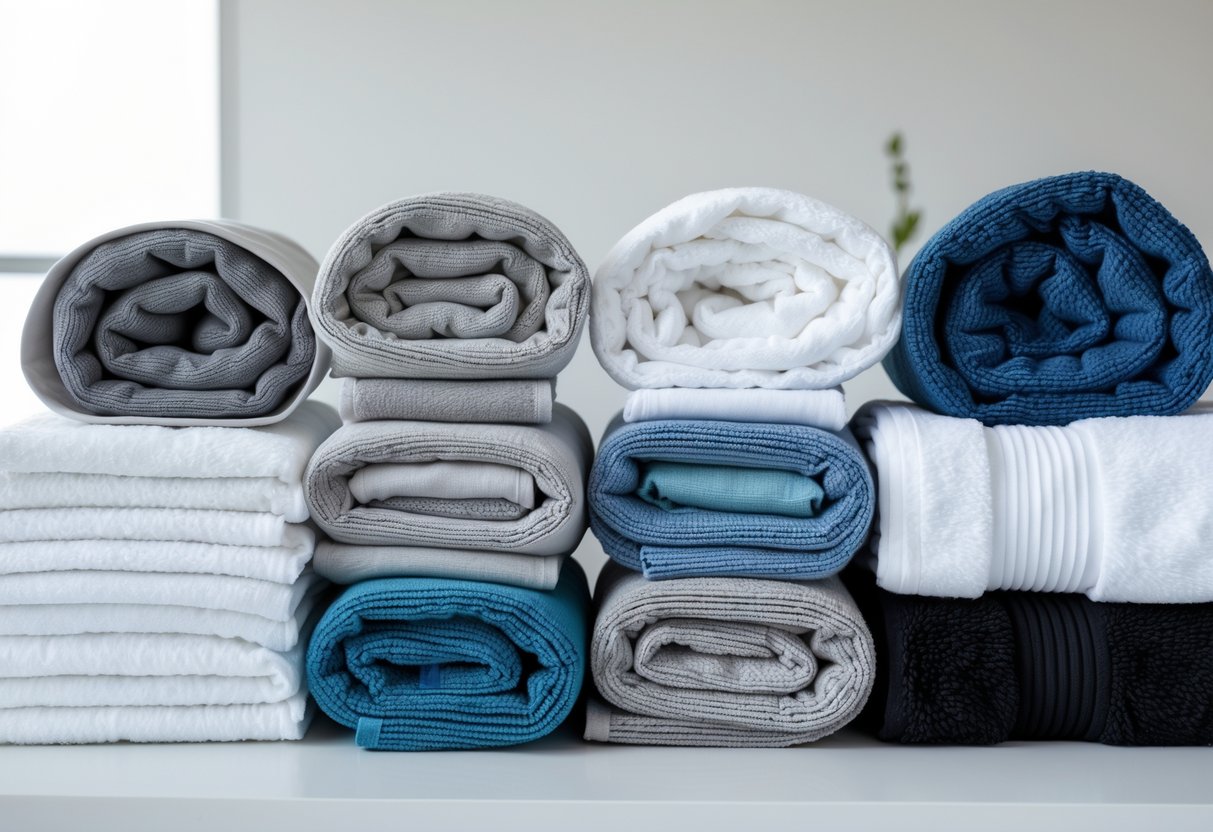Eleven different cotton gym towels in various colors and sizes arranged neatly on a white surface.