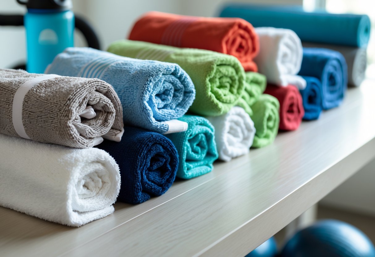 Eleven different terry cloth gym towels in various colors and sizes arranged on a wooden surface with gym equipment blurred in the background.
