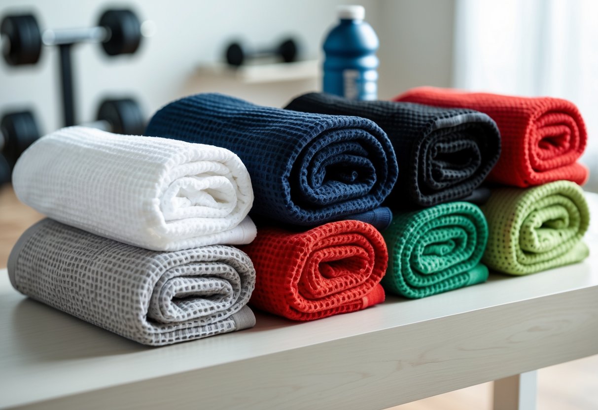 Eleven neatly folded waffle weave gym towels in various colors arranged on a wooden surface with gym equipment blurred in the background.