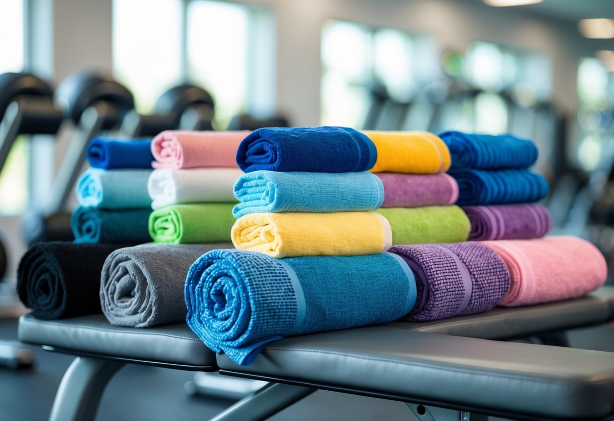 Eleven different antimicrobial gym towels arranged on a gym bench with blurred gym equipment in the background.