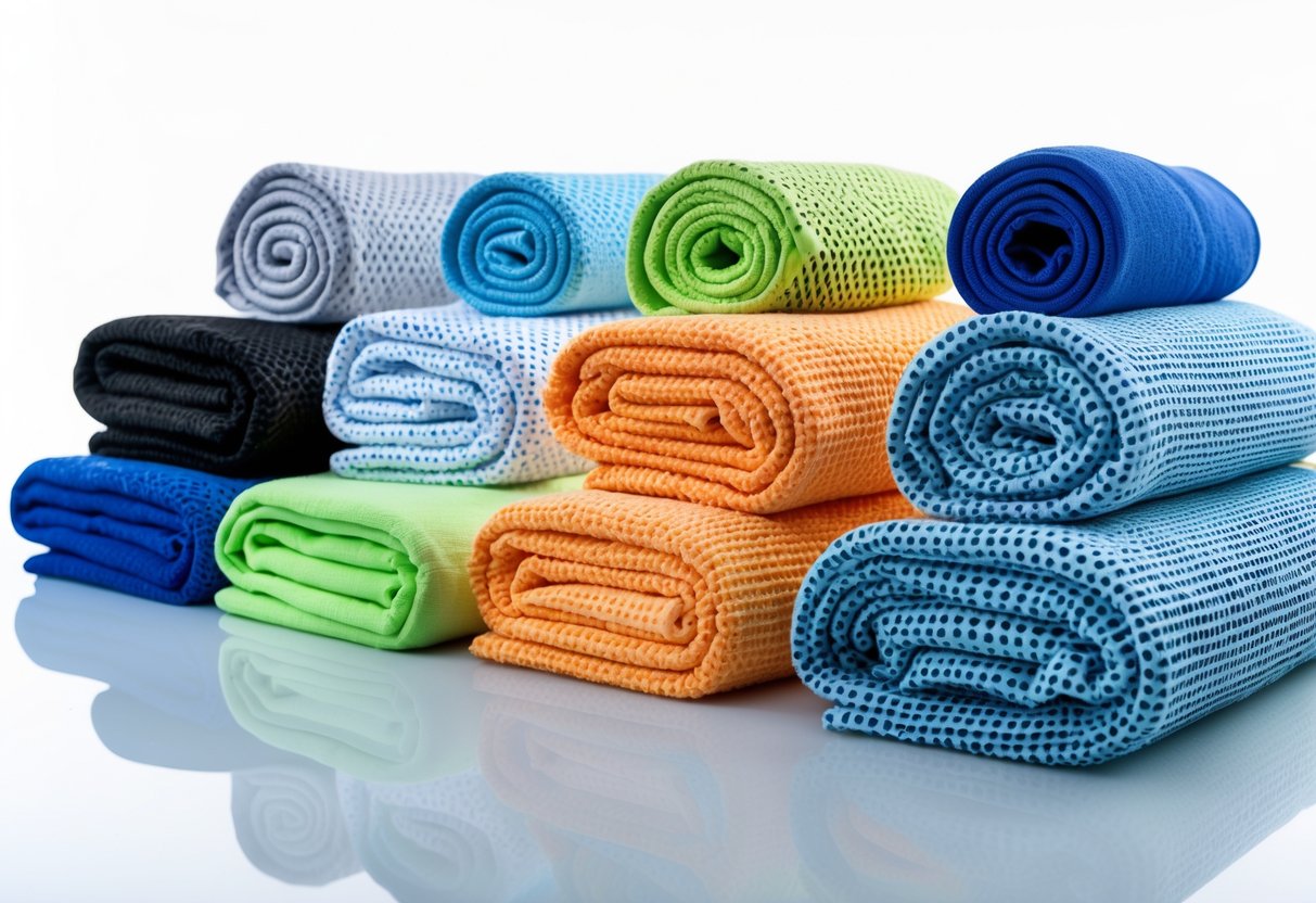 Eleven different types of cooling gym towels arranged on a white surface.