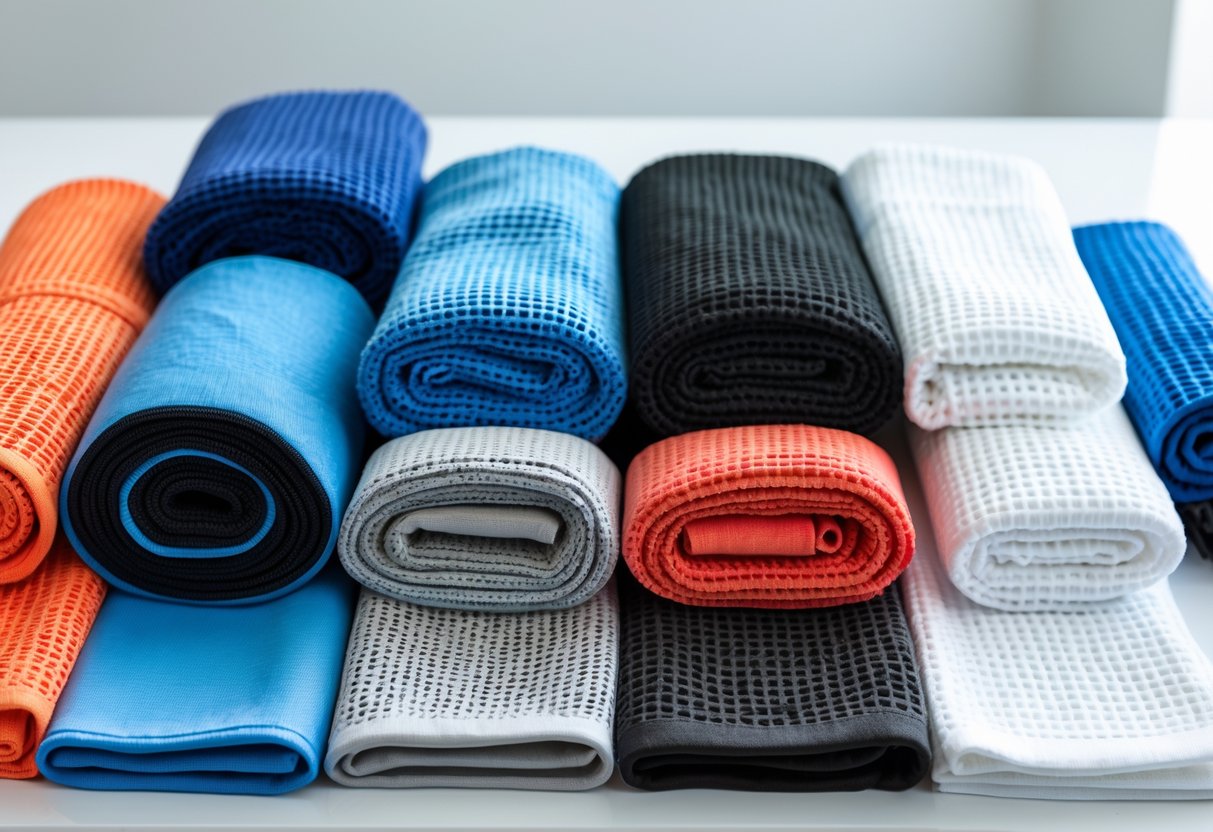 Eleven different types of gym towels in various colors and textures arranged neatly on a white surface.