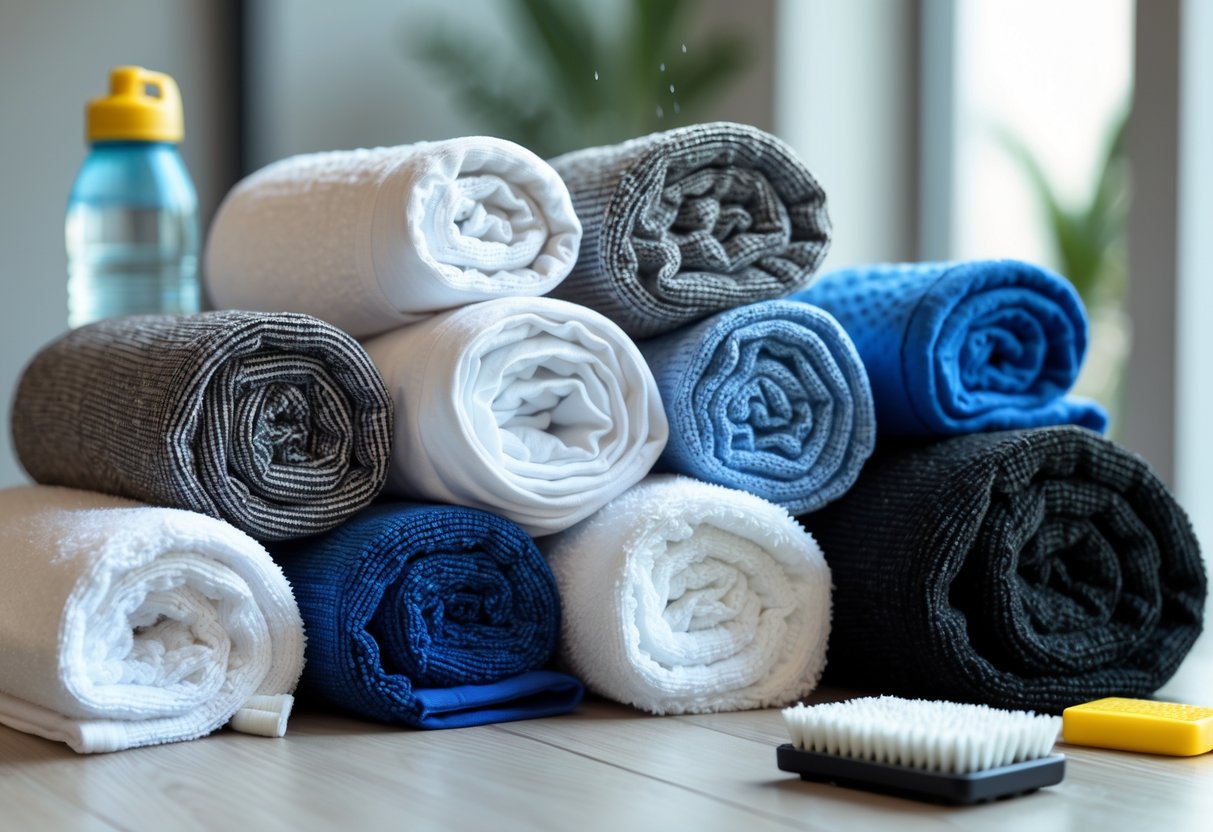 Eleven different gym towels arranged on a wooden surface with gym accessories nearby.