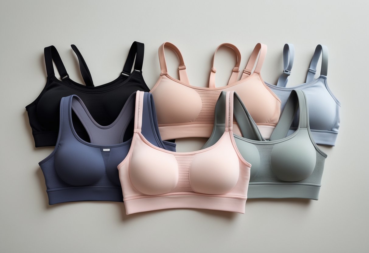 A selection of different compression sports bras arranged side by side on a plain background.