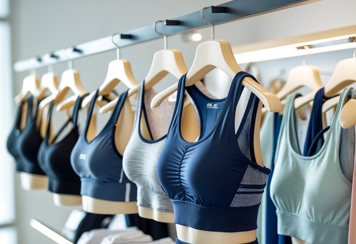 A display of various medium-impact sports bras in different styles and colors arranged on mannequins and hangers in a bright retail space.