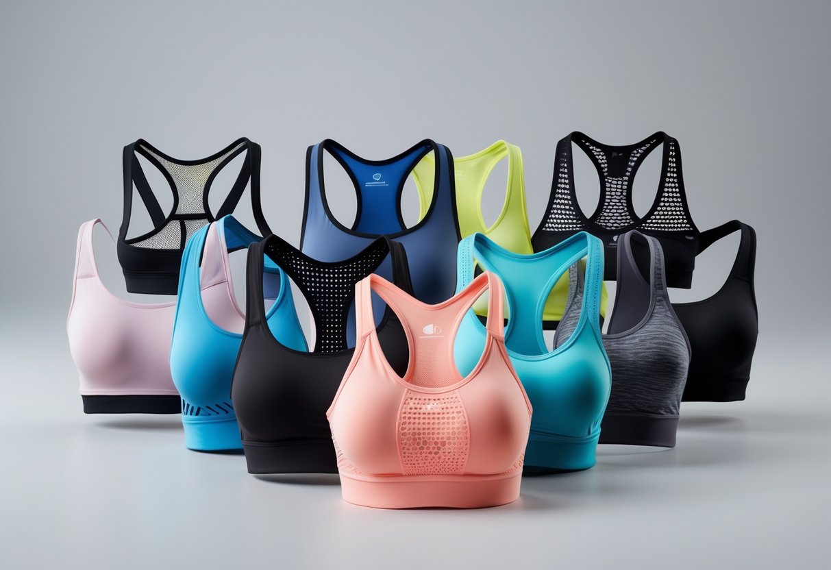 A collection of different racerback sports bras displayed side by side on a plain background.