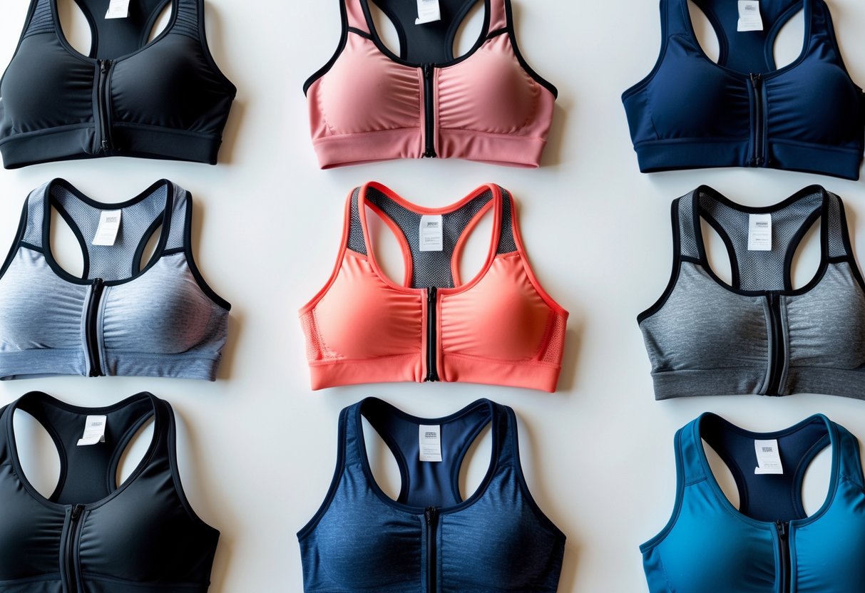 Various front-zip sports bras in different colors and styles arranged on a white surface.