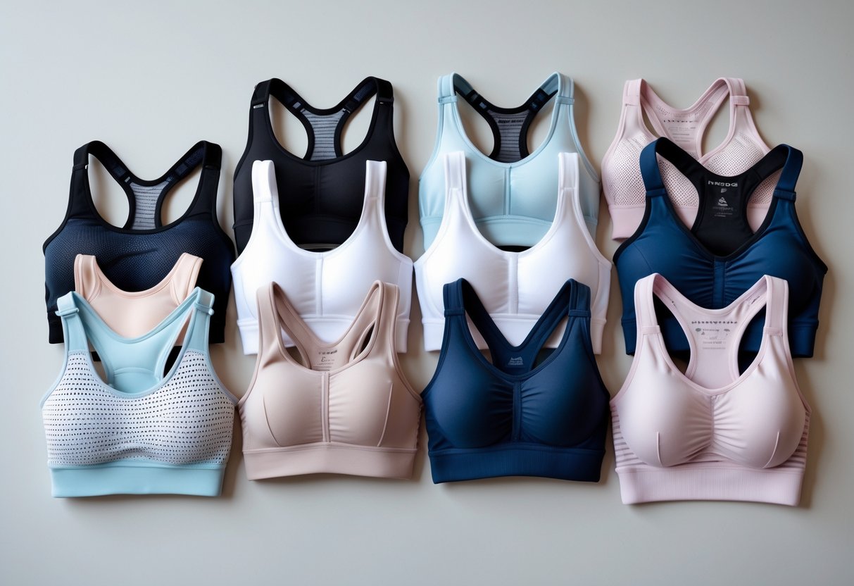 A variety of padded sports bras in different styles and colors arranged on a plain background.