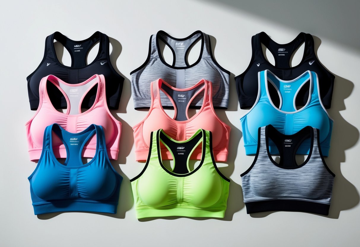 Various types of sports bras displayed on mannequins and flat lay against a neutral background.