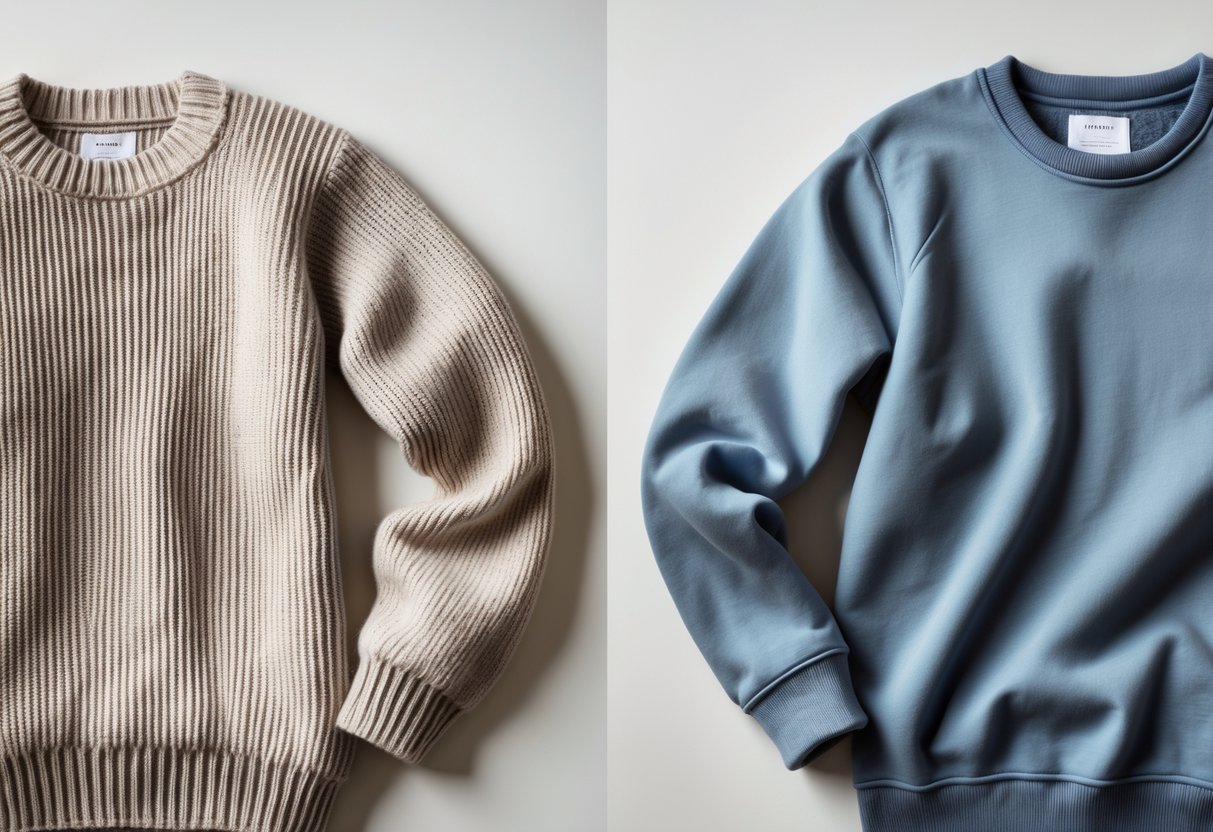 Side-by-side view of a folded wool sweater and a flat cotton sweatshirt on a plain background.