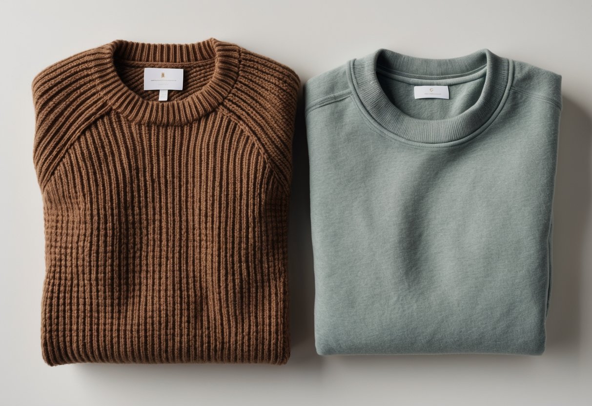 Two folded clothing items side by side, one knitted wool sweater and one fleece sweatshirt, displayed on a plain background.