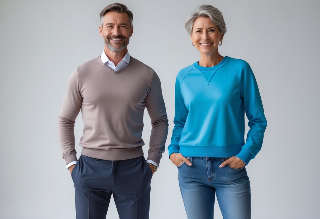 Two adults standing side by side, one wearing a sweater and the other wearing a sweatshirt, against a plain background.