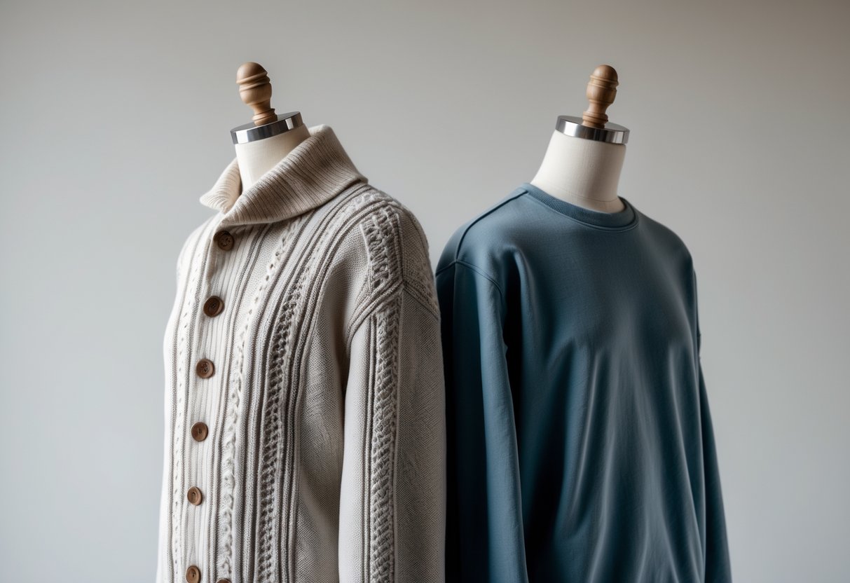 Two mannequins side by side, one wearing a patterned sweater with buttons and a collar, the other wearing a plain sweatshirt without buttons or collar.