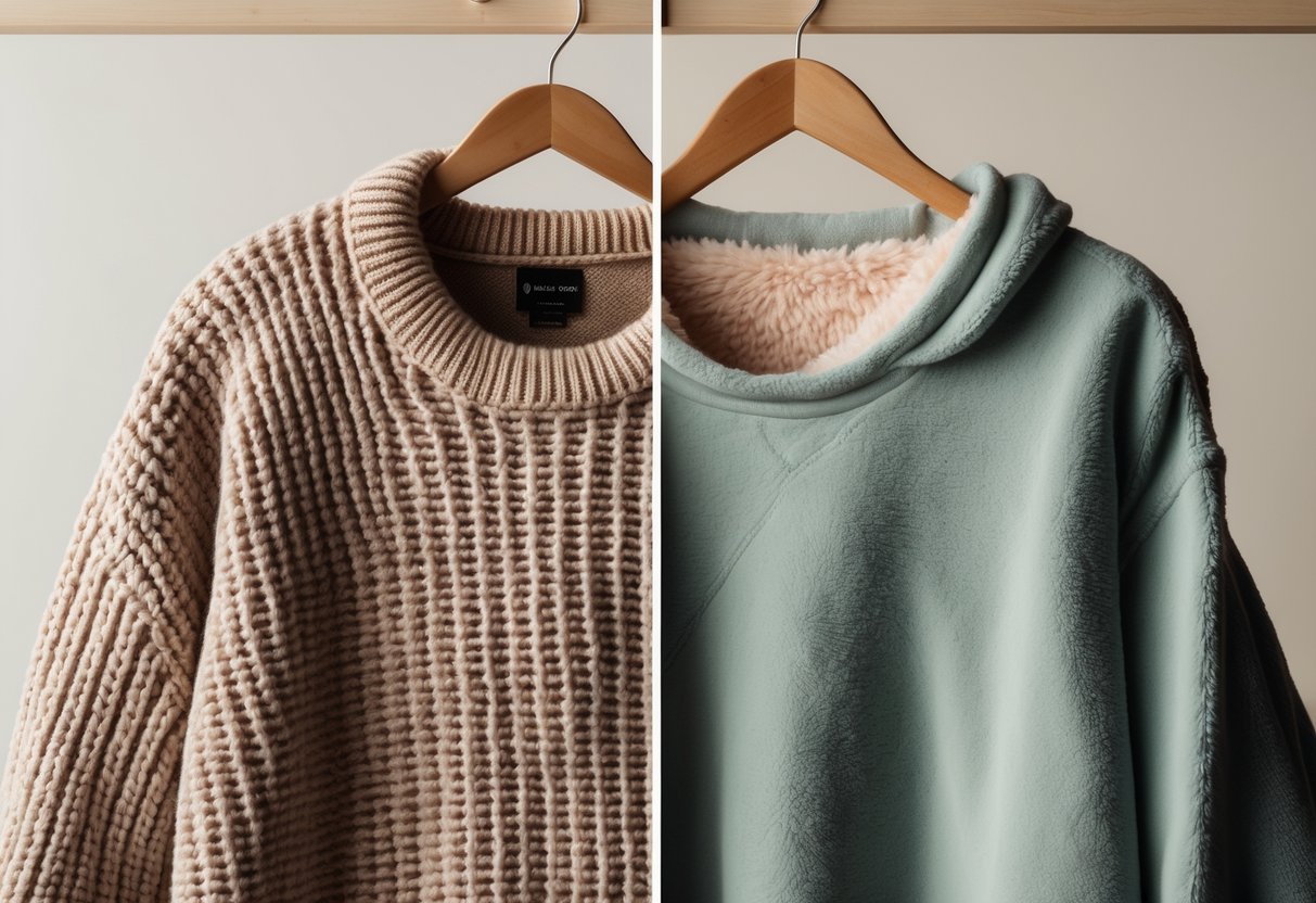 Side-by-side view of a thick knitted sweater and a soft fleece sweatshirt hanging on wooden hangers.