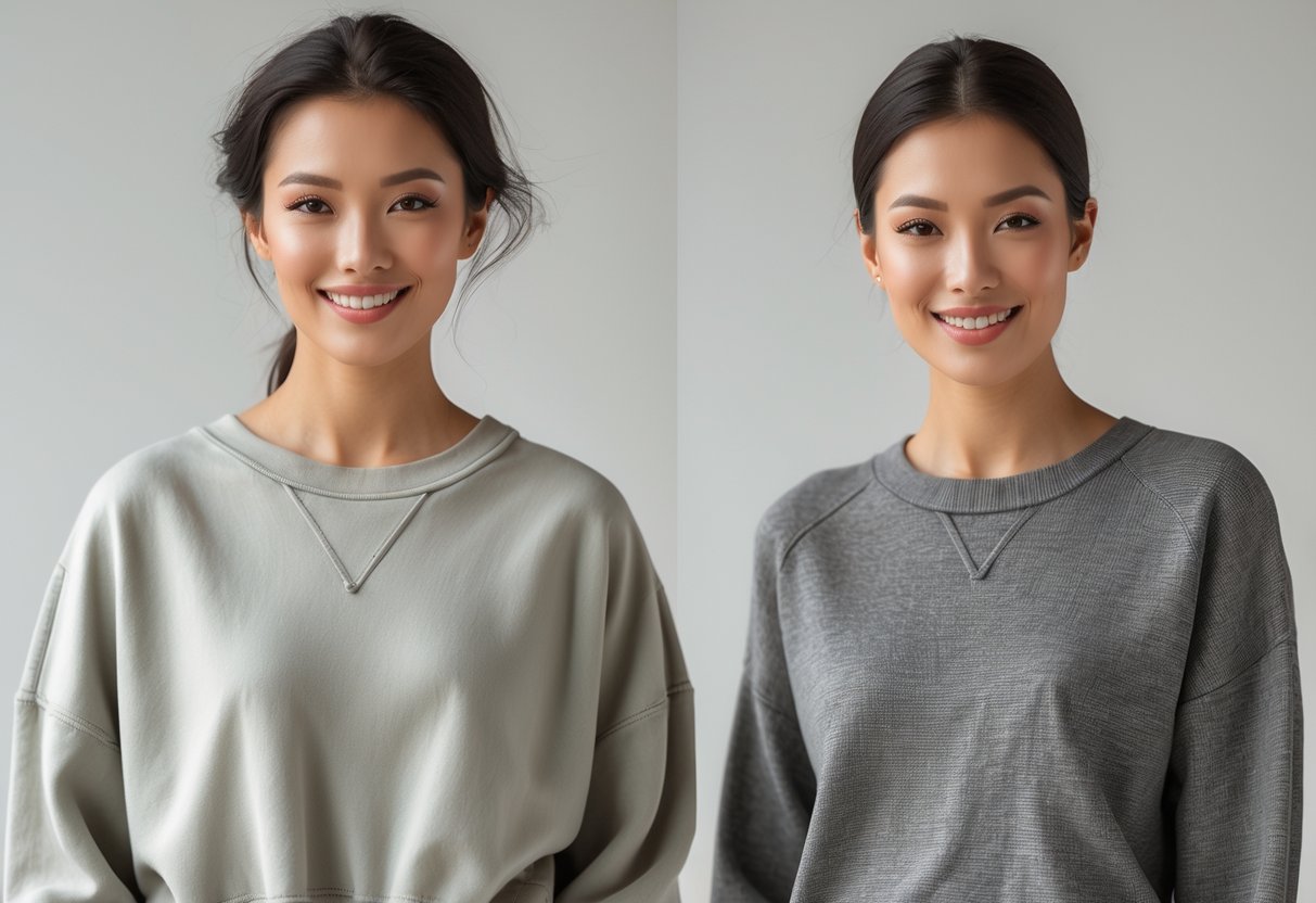 Two people standing side by side wearing different tops, one loose sweatshirt and one fitted sweater.