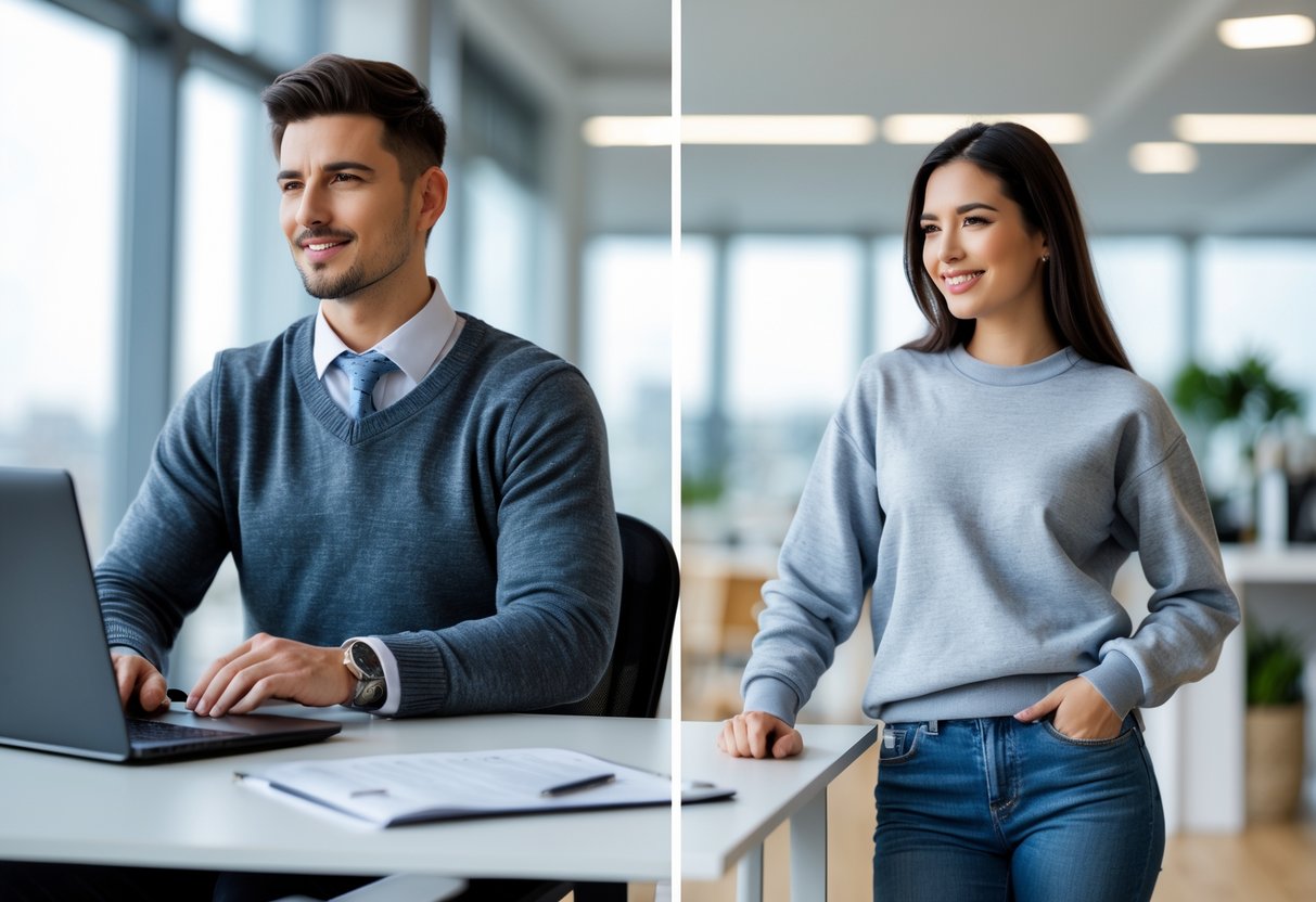 Two people in an office, one wearing a sweater at a desk and the other wearing a sweatshirt near a lounge area.