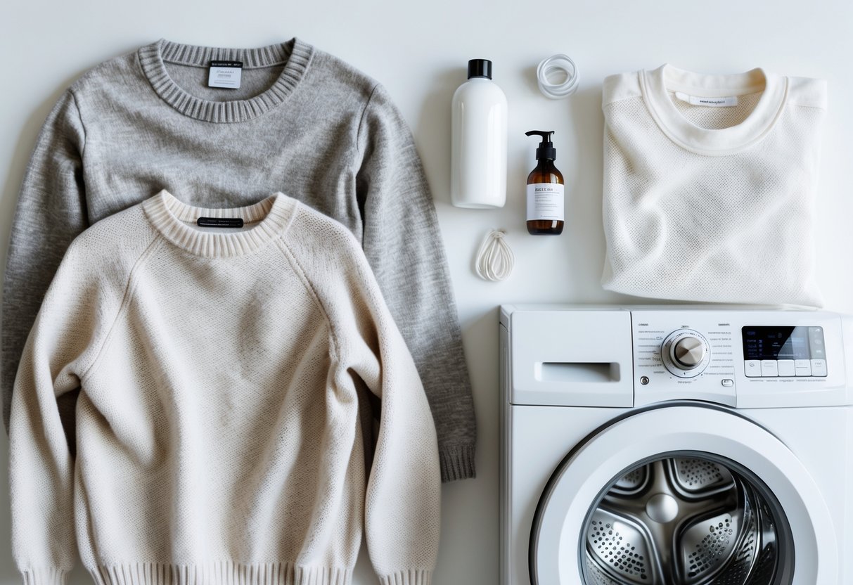 Flat lay of a wool sweater and a cotton sweatshirt with laundry detergent, a mesh laundry bag, and a washing machine dial on a white surface.