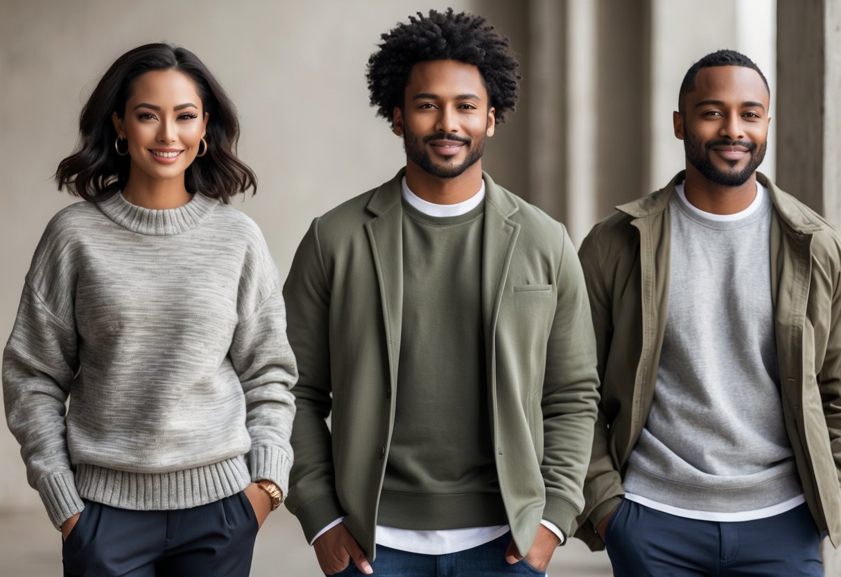 Three adults showing different ways to wear sweaters and sweatshirts, with one layering a sweater under a jacket, one wearing a sweatshirt alone, and one layering a sweatshirt under a jacket.