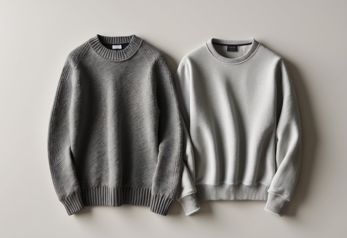 Two garments side by side, one woolen sweater and one cotton sweatshirt, showing their different textures and styles.