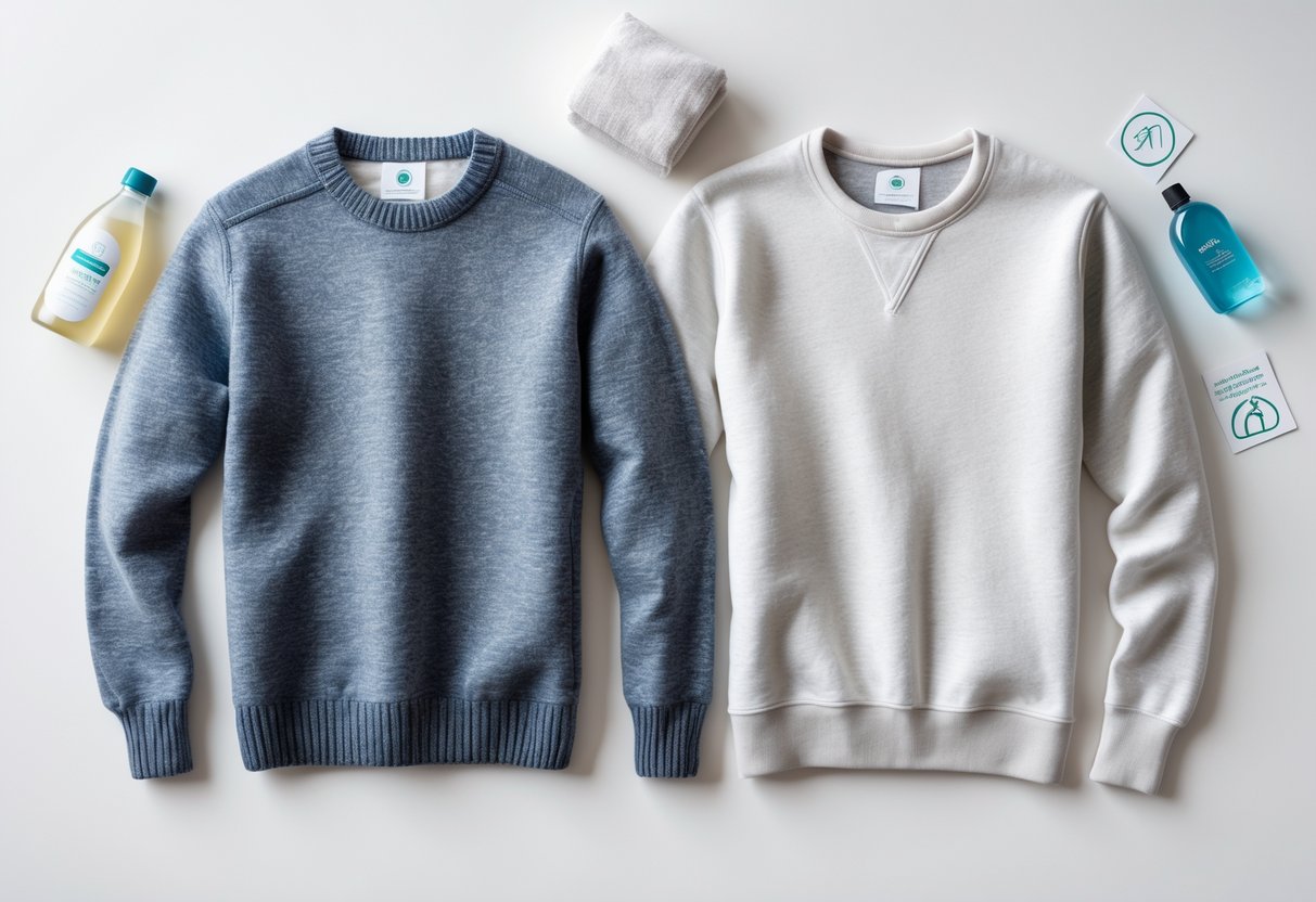 A flat lay showing a wool sweater and a cotton sweatshirt side by side with laundry care items around them.