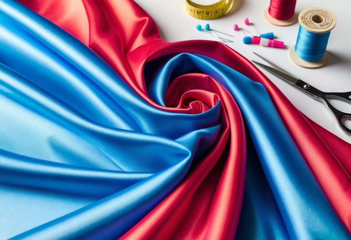 Close-up of brightly colored nylon fabric with sewing tools like scissors, thread, measuring tape, and pins arranged on a clean surface.
