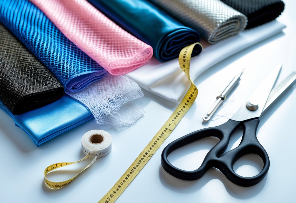 Various nylon and synthetic fabric swatches arranged on a white surface with sewing tools nearby.