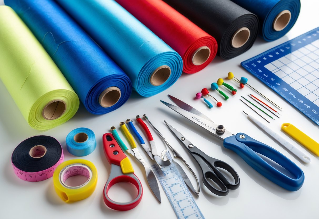 A collection of sewing tools and colorful nylon fabric arranged on a white surface, including scissors, thread, needles, pins, measuring tape, and fabric rolls.