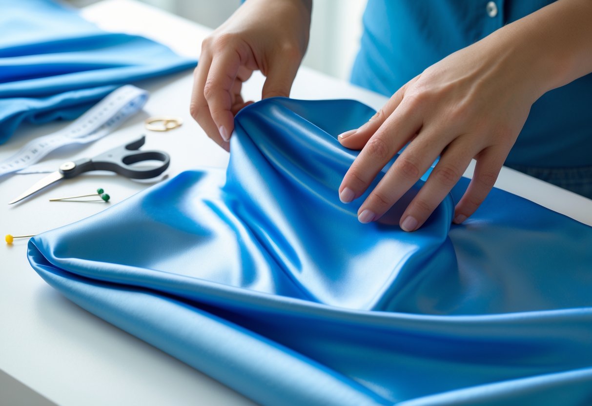 Hands preparing a piece of blue nylon fabric on a workspace with sewing tools nearby.