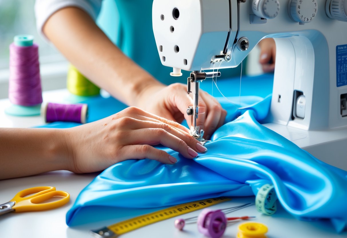 Hands sewing shiny nylon fabric on a sewing machine with sewing tools on a worktable.