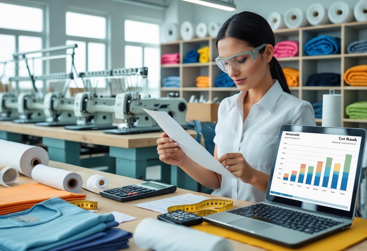 A person examining fabric swatches and taking notes in a clothing factory workspace with sewing machines, fabric rolls, and tools.
