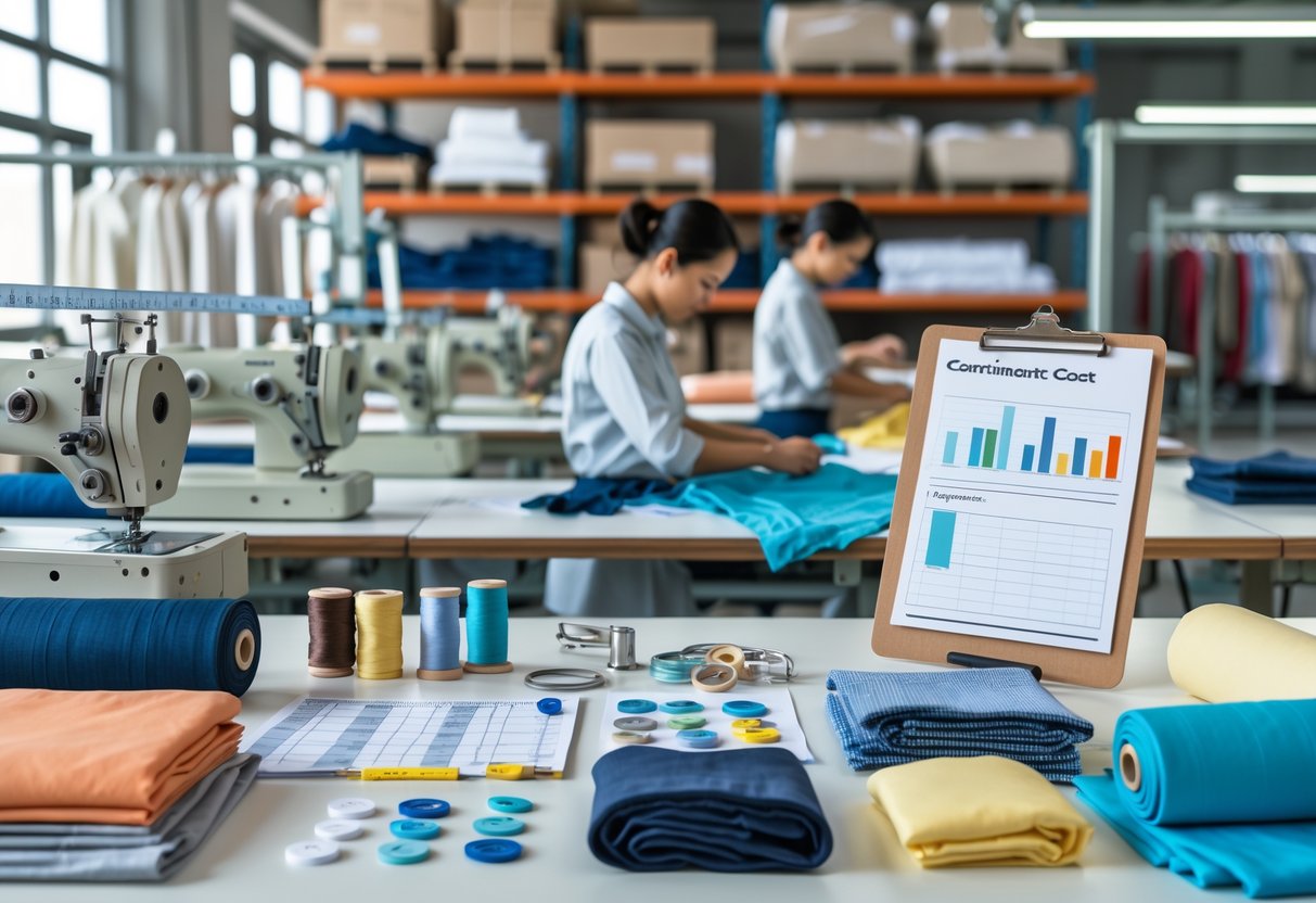 A clothing factory workspace with sewing machines, fabric rolls, workers stitching garments, and a table displaying materials and tools used in clothing production.