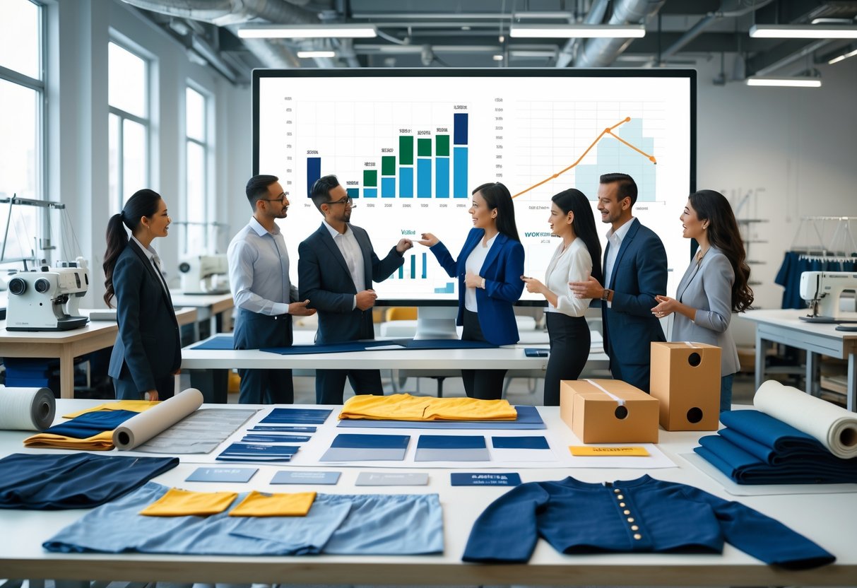 A clothing manufacturing workspace with fabric samples, tools, and a team discussing charts and order sizes.