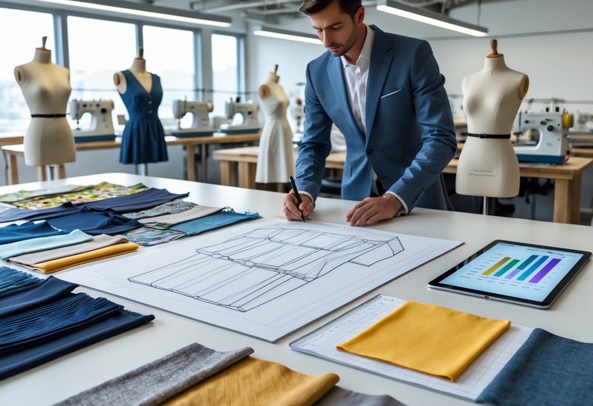 A designer working at a table with clothing sketches, fabric swatches, and a tablet showing cost charts, with sewing machines and mannequins in the background.
