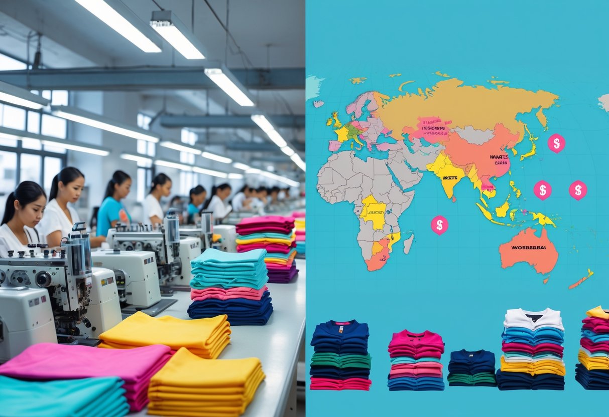 A split scene showing workers in a garment factory sewing clothes and a world map highlighting different clothing production regions with visual indicators of price differences.