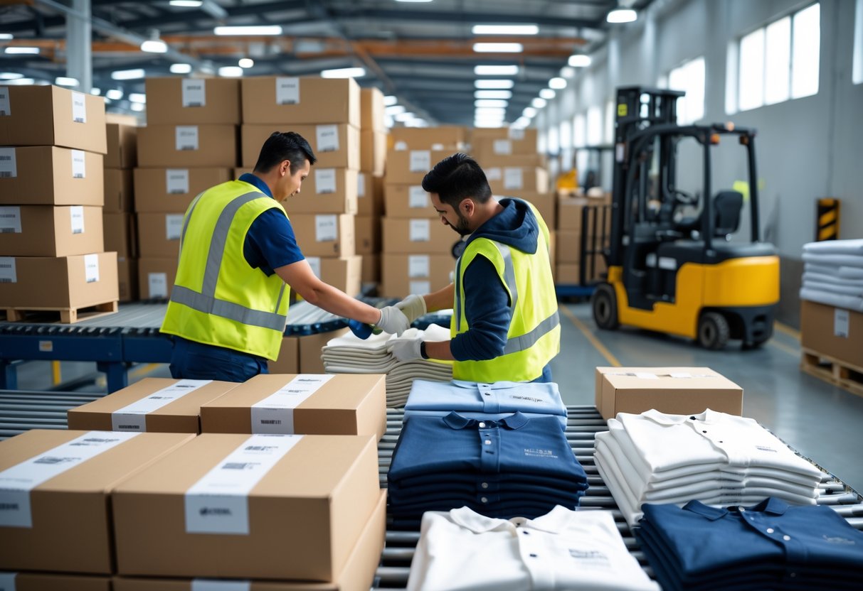 Workers organizing packaged clothing in a warehouse with conveyor belts, sewing machines, and forklifts moving pallets of garments.