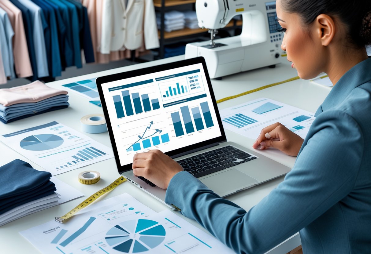 A person analyzing charts and fabric samples at a desk in a clothing manufacturing workspace.