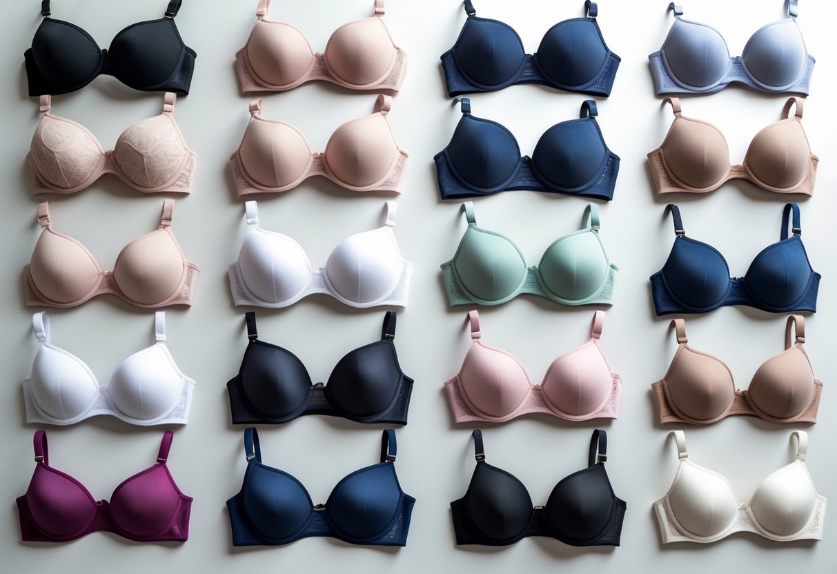 A neatly arranged collection of 29 different bras displayed on a plain background.