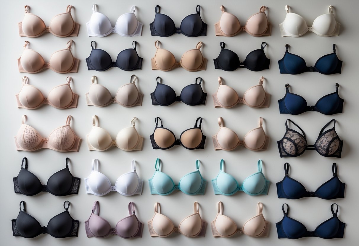 A collection of 29 different bras arranged neatly on a plain background, showing a variety of styles and colors.