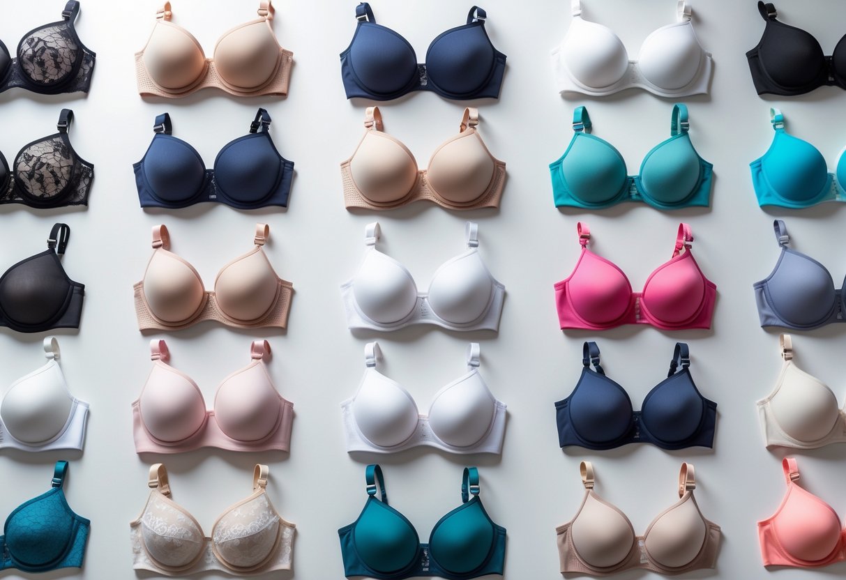 A collection of 29 different padded bras arranged neatly on a white background.
